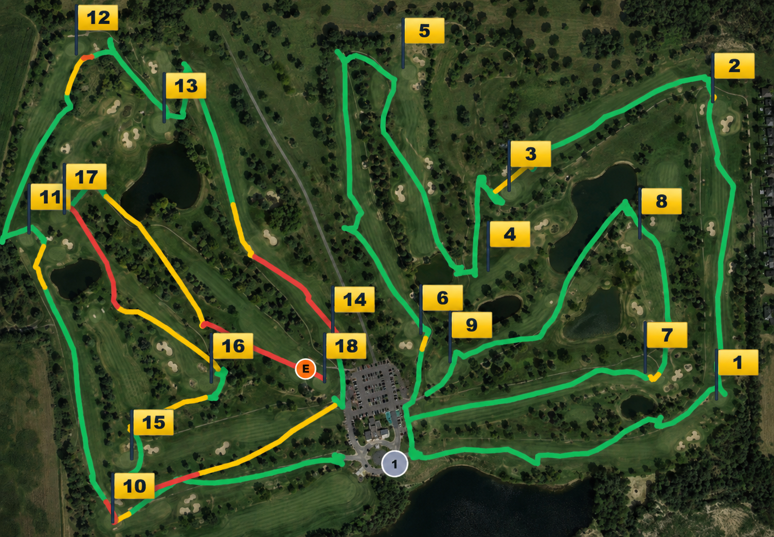 SafeTee playback course map showing color-coded pace trails on a representative course