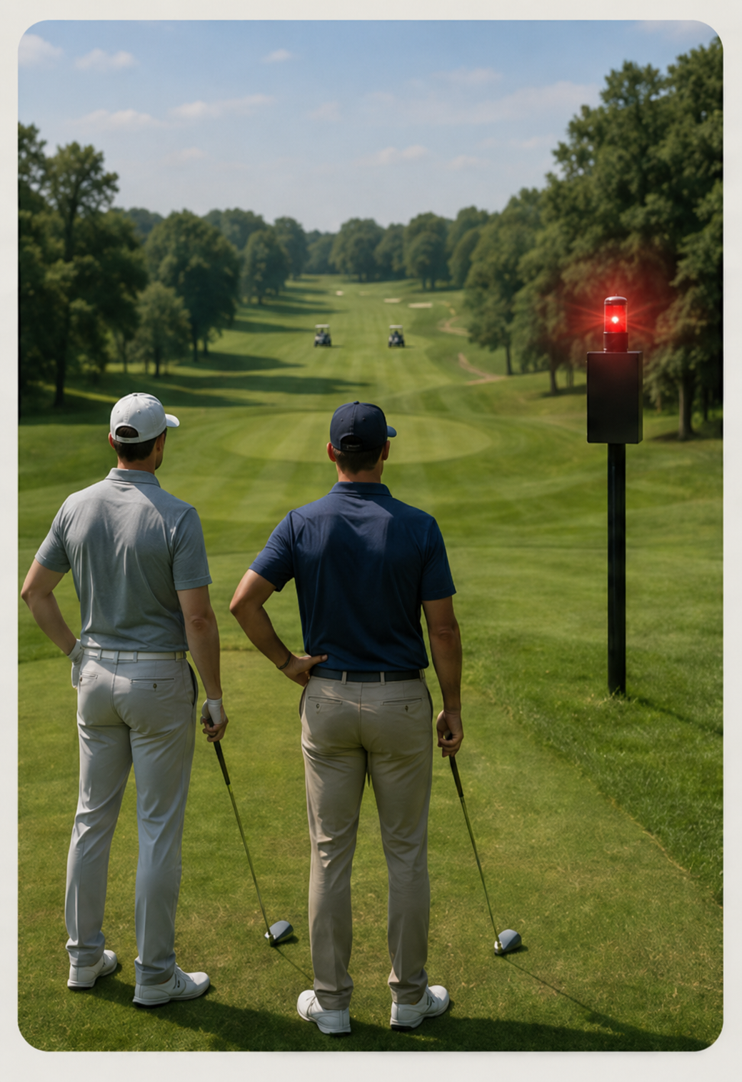 Distance-zone safety visual showing golfers at a tee box with a red beacon and golf carts in the distance